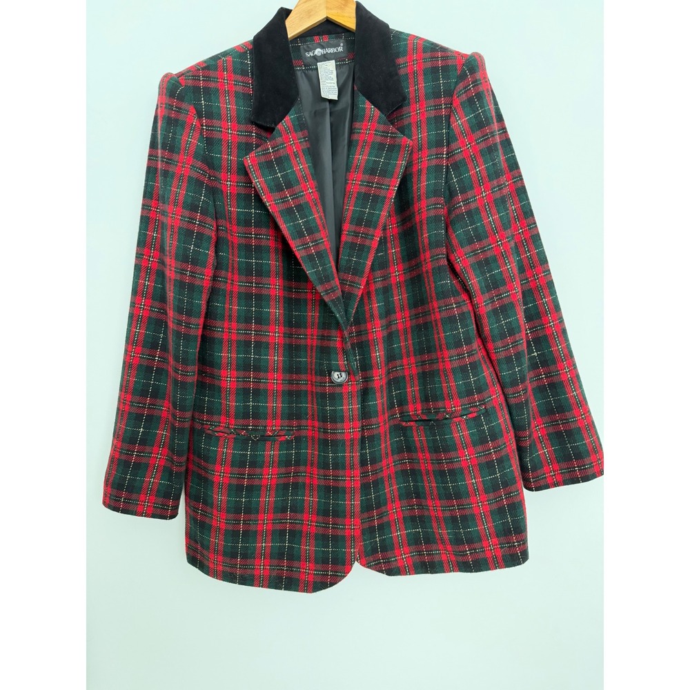Sag Harbor Vintage Plaid Blazer Red Green Gold Metallic Velvet Trim Wool Blend